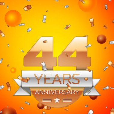 Gerçekçi kırk dört yıl yıldönümü kutlamaları tasarım afiş. Altın numaraları ve gümüş kurdele, balon, konfeti turuncu zemin üzerine. Doğum günü partin için renkli vektör şablon öğeleri