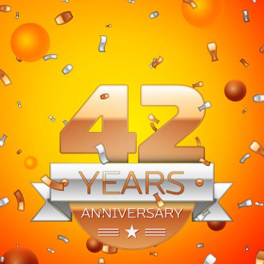 Gerçekçi kırk iki yıl yıldönümü kutlamaları tasarım afiş. Altın numaraları ve gümüş kurdele, balon, konfeti turuncu zemin üzerine. Doğum günü partin için renkli vektör şablon öğeleri