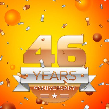 Gerçekçi kırk altı yıl yıldönümü kutlamaları tasarım afiş. Altın numaraları ve gümüş kurdele, balon, konfeti turuncu zemin üzerine. Doğum günü partin için renkli vektör şablon öğeleri