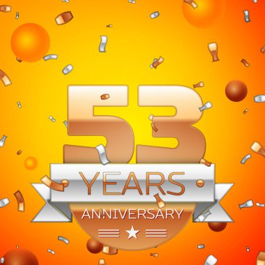 Gerçekçi elli üç yıl yıldönümü kutlamaları tasarım afiş. Altın numaraları ve gümüş kurdele, balon, konfeti turuncu zemin üzerine. Doğum günü partin için renkli vektör şablon öğeleri