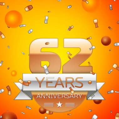 Gerçekçi altmış iki yıl yıldönümü kutlamaları tasarım afiş. Altın numaraları ve gümüş kurdele, balon, konfeti turuncu zemin üzerine. Doğum günü partin için renkli vektör şablon öğeleri