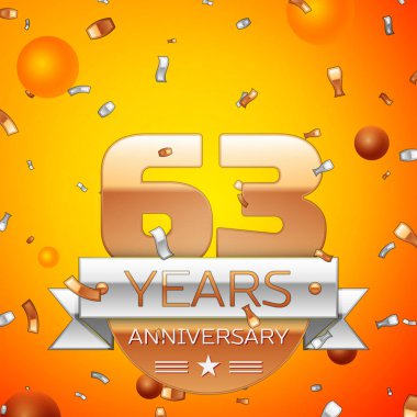 Gerçekçi altmış üç yıl yıldönümü kutlamaları tasarım afiş. Altın numaraları ve gümüş kurdele, balon, konfeti turuncu zemin üzerine. Doğum günü partin için renkli vektör şablon öğeleri