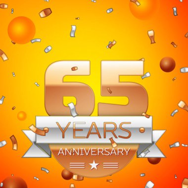 Gerçekçi altmış beş yıl yıldönümü kutlamaları tasarım afiş. Altın numaraları ve gümüş kurdele, balon, konfeti turuncu zemin üzerine. Doğum günü partin için renkli vektör şablon öğeleri