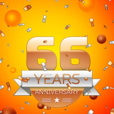 Gerçekçi altmış altı yıl yıldönümü kutlamaları tasarım afiş. Altın numaraları ve gümüş kurdele, balon, konfeti turuncu zemin üzerine. Doğum günü partin için renkli vektör şablon öğeleri