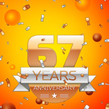 Gerçekçi altmış yedi yıl yıldönümü kutlamaları tasarım afiş. Altın numaraları ve gümüş kurdele, balon, konfeti turuncu zemin üzerine. Doğum günü partin için renkli vektör şablon öğeleri