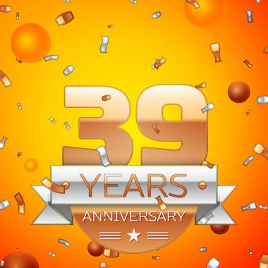 Gerçekçi otuz dokuz yıl yıldönümü kutlamaları tasarım afiş. Altın numaraları ve gümüş kurdele, balon, konfeti turuncu zemin üzerine. Doğum günü partin için renkli vektör şablon öğeleri