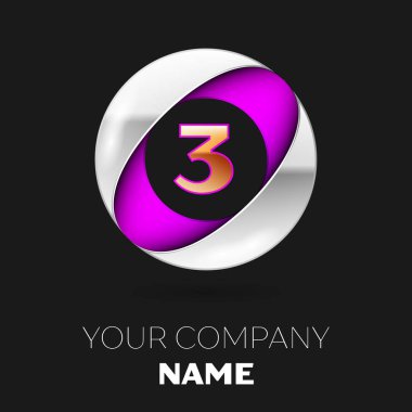 Gerçekçi altın üç numara logo sembol siyah arka plan üzerine gümüş-mor renkli daire şeklinde. Tasarımınız için vektör şablonu