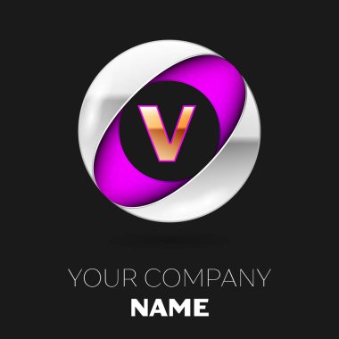 Gerçekçi altın harf V logo sembol siyah arka plan üzerine gümüş-mor renkli daire şeklinde. Tasarımınız için vektör şablonu