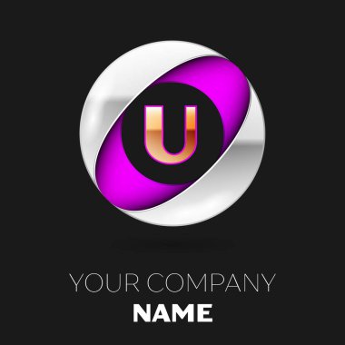 Gerçekçi altın harf U logo sembol siyah arka plan üzerine gümüş-mor renkli daire şeklinde. Tasarımınız için vektör şablonu