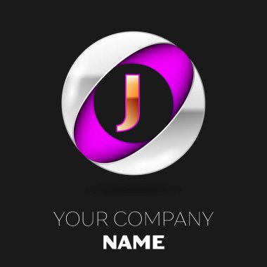 Gerçekçi altın harf J logo sembol siyah arka plan üzerine gümüş-mor renkli daire şeklinde. Tasarımınız için vektör şablonu