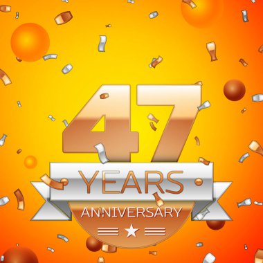 Gerçekçi kırk yedi yıl yıldönümü kutlamaları tasarım afiş. Altın numaraları ve gümüş kurdele, balon, konfeti turuncu zemin üzerine. Doğum günü partin için renkli vektör şablon öğeleri
