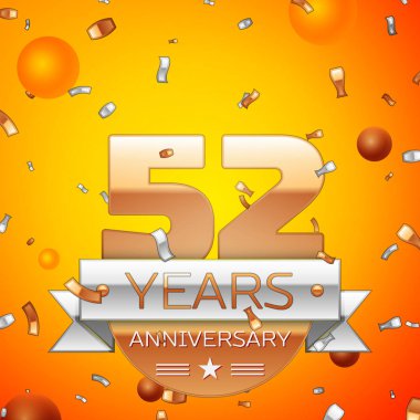 Gerçekçi elli iki yıl yıldönümü kutlamaları tasarım afiş. Altın numaraları ve gümüş kurdele, balon, konfeti turuncu zemin üzerine. Doğum günü partin için renkli vektör şablon öğeleri