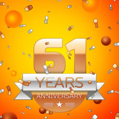 Gerçekçi altmış bir yıl yıldönümü kutlamaları tasarım afiş. Altın numaraları ve gümüş kurdele, balon, konfeti turuncu zemin üzerine. Doğum günü partin için renkli vektör şablon öğeleri