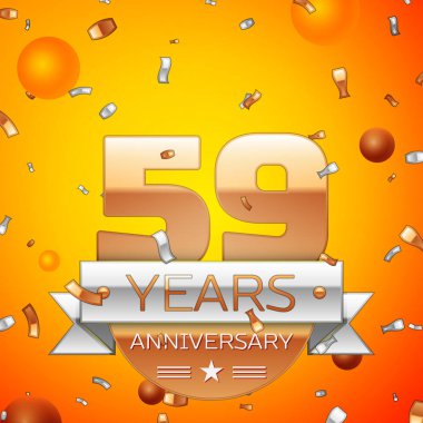 Gerçekçi elli dokuz yıl yıldönümü kutlamaları tasarım afiş. Altın numaraları ve gümüş kurdele, balon, konfeti turuncu zemin üzerine. Doğum günü partin için renkli vektör şablon öğeleri