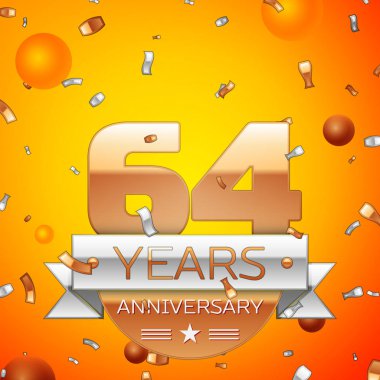 Gerçekçi altmış dört yıl yıldönümü kutlamaları tasarım afiş. Altın numaraları ve gümüş kurdele, balon, konfeti turuncu zemin üzerine. Doğum günü partin için renkli vektör şablon öğeleri
