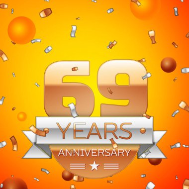 Gerçekçi altmış dokuz yıl yıldönümü kutlamaları tasarım afiş. Altın numaraları ve gümüş kurdele, balon, konfeti turuncu zemin üzerine. Doğum günü partin için renkli vektör şablon öğeleri