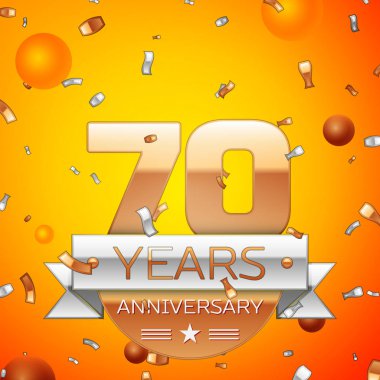 Gerçekçi yetmiş yıl yıldönümü kutlamaları tasarım afiş. Altın numaraları ve gümüş kurdele, balon, konfeti turuncu zemin üzerine. Doğum günü partin için renkli vektör şablon öğeleri