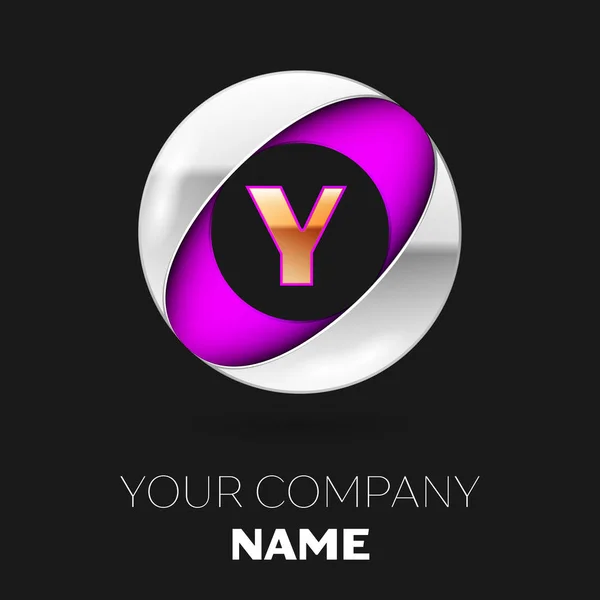 Realistické zlaté písmeno Y logo symbol v silver fialové barevné kruhového tvaru na černém pozadí. Vektor šablona pro návrh — Stockový vektor
