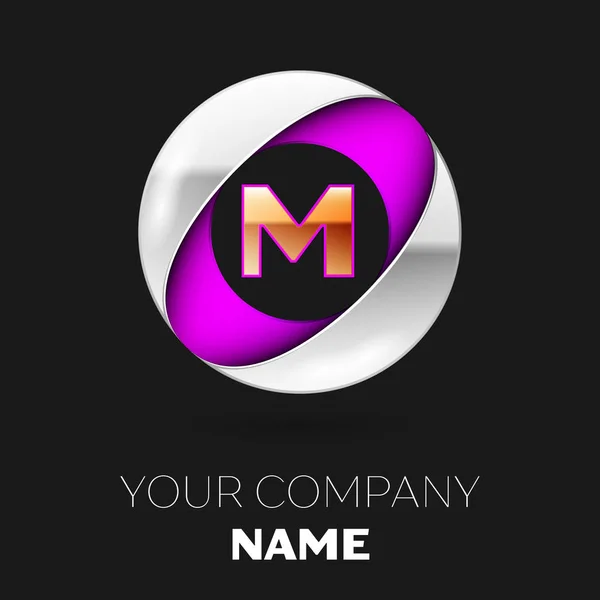 Realista símbolo del logotipo de la letra M dorada en forma de círculo colorido plateado-púrpura sobre fondo negro. Plantilla vectorial para su diseño — Archivo Imágenes Vectoriales