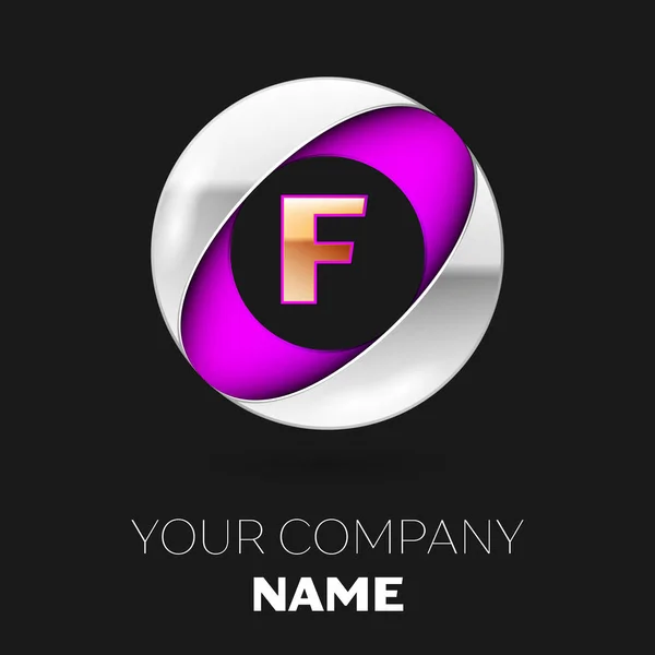 Realista símbolo del logotipo de la letra F dorada en forma de círculo colorido plateado-púrpura sobre fondo negro. Plantilla vectorial para su diseño — Archivo Imágenes Vectoriales