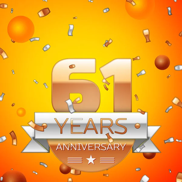 Gerçekçi altmış bir yıl yıldönümü kutlamaları tasarım afiş. Altın numaraları ve gümüş kurdele, balon, konfeti turuncu zemin üzerine. Doğum günü partin için renkli vektör şablon öğeleri