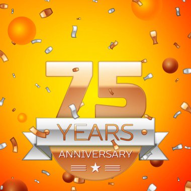Gerçekçi yetmiş beş yıl yıldönümü kutlamaları tasarım afiş. Altın numaraları ve gümüş kurdele, balon, konfeti turuncu zemin üzerine. Doğum günü partin için renkli vektör şablon öğeleri