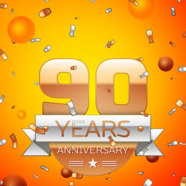 Gerçekçi doksan yıl yıldönümü kutlamaları tasarım afiş. Altın numaraları ve gümüş kurdele, balon, konfeti turuncu zemin üzerine. Doğum günü partin için renkli vektör şablon öğeleri
