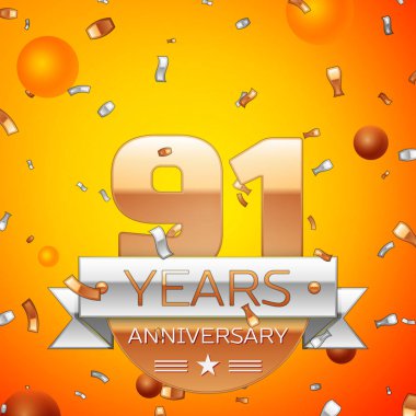 Gerçekçi doksan bir yıl yıldönümü kutlamaları tasarım afiş. Altın numaraları ve gümüş kurdele, balon, konfeti turuncu zemin üzerine. Doğum günü partin için renkli vektör şablon öğeleri