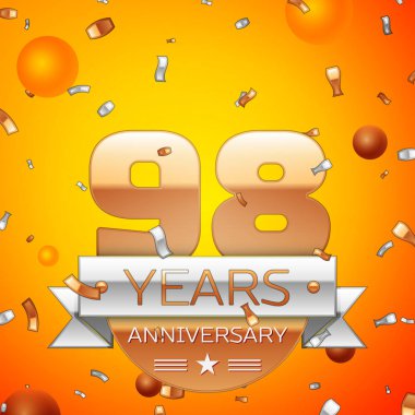 Gerçekçi doksan sekiz yıl yıldönümü kutlamaları tasarım afiş. Altın numaraları ve gümüş kurdele, balon, konfeti turuncu zemin üzerine. Doğum günü partin için renkli vektör şablon öğeleri