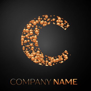 C harfi logosu altın nokta. Alfabe logo soyut altın kabarcıklar şeklinde siyah arka plan üzerine. Tasarımınız için vektör şablonu