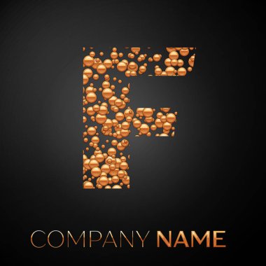 F harfi logosu altın nokta. Alfabe logo soyut altın kabarcıklar şeklinde siyah arka plan üzerine. Tasarımınız için vektör şablonu