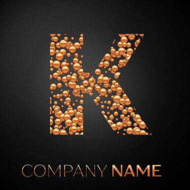 K harfi logosu altın nokta. Alfabe logo soyut altın kabarcıklar şeklinde siyah arka plan üzerine. Tasarımınız için vektör şablonu