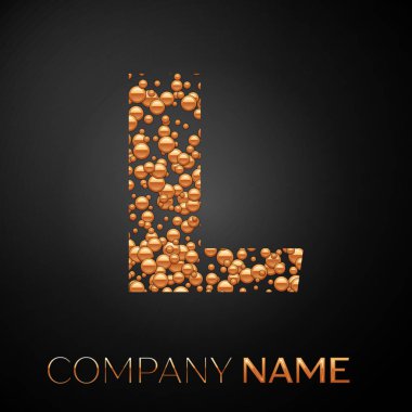 L harfi logosu altın nokta. Alfabe logo soyut altın kabarcıklar şeklinde siyah arka plan üzerine. Tasarımınız için vektör şablonu