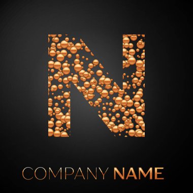 N harfi logosu altın nokta. Alfabe logo soyut altın kabarcıklar şeklinde siyah arka plan üzerine. Tasarımınız için vektör şablonu