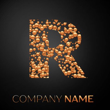 R harfi logosu altın nokta. Alfabe logo soyut altın kabarcıklar şeklinde siyah arka plan üzerine. Tasarımınız için vektör şablonu