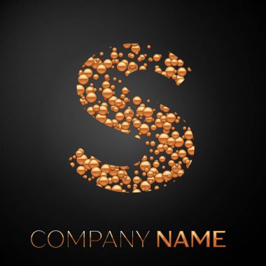 S harfi logosu altın nokta. Alfabe logo soyut altın kabarcıklar şeklinde siyah arka plan üzerine. Tasarımınız için vektör şablonu