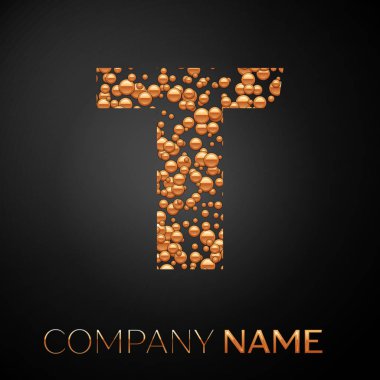 T harfinin logosu altın nokta. Alfabe logo soyut altın kabarcıklar şeklinde siyah arka plan üzerine. Tasarımınız için vektör şablonu