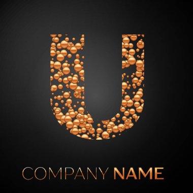 U harfi logosu altın nokta. Alfabe logo soyut altın kabarcıklar şeklinde siyah arka plan üzerine. Tasarımınız için vektör şablonu
