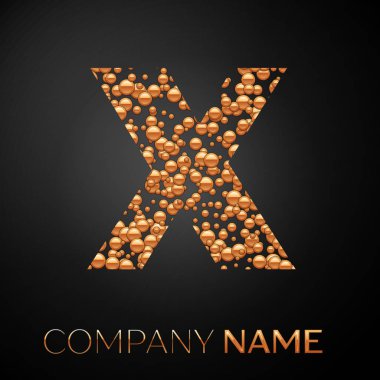 Mektup X logosu altın nokta. Alfabe logo soyut altın kabarcıklar şeklinde siyah arka plan üzerine. Tasarımınız için vektör şablonu
