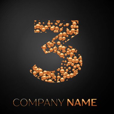 Numara üç logosu altın nokta. Alfabe logo soyut altın kabarcıklar şeklinde siyah arka plan üzerine. Tasarımınız için vektör şablonu