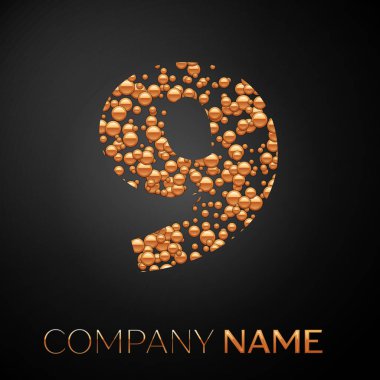 Sayı dokuz logosu altın nokta. Alfabe logo soyut altın kabarcıklar şeklinde siyah arka plan üzerine. Tasarımınız için vektör şablonu