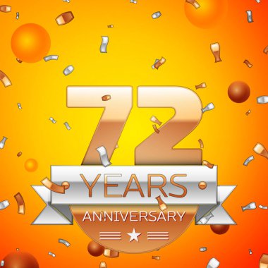 Gerçekçi yetmiş iki yıl yıldönümü kutlamaları tasarım afiş. Altın numaraları ve gümüş kurdele, balon, konfeti turuncu zemin üzerine. Doğum günü partin için renkli vektör şablon öğeleri