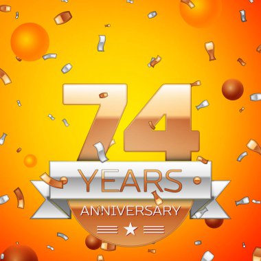 Gerçekçi yetmiş dört yıl yıldönümü kutlamaları tasarım afiş. Altın numaraları ve gümüş kurdele, balon, konfeti turuncu zemin üzerine. Doğum günü partin için renkli vektör şablon öğeleri