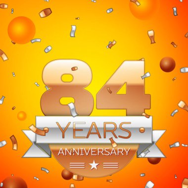 Gerçekçi seksen dört yıl yıldönümü kutlamaları tasarım afiş. Altın numaraları ve gümüş kurdele, balon, konfeti turuncu zemin üzerine. Doğum günü partin için renkli vektör şablon öğeleri