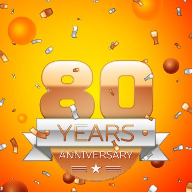 Gerçekçi seksen yıl yıldönümü kutlamaları tasarım afiş. Altın numaraları ve gümüş kurdele, balon, konfeti turuncu zemin üzerine. Doğum günü partin için renkli vektör şablon öğeleri