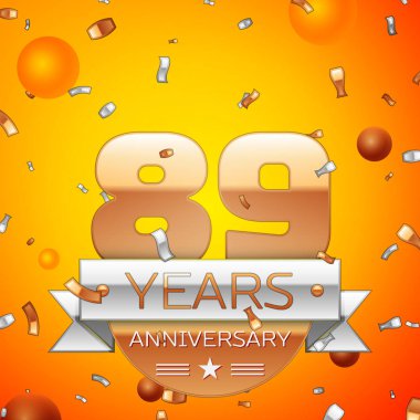 Gerçekçi seksen dokuz yıl yıldönümü kutlamaları tasarım afiş. Altın numaraları ve gümüş kurdele, balon, konfeti turuncu zemin üzerine. Doğum günü partin için renkli vektör şablon öğeleri
