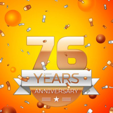 Gerçekçi yetmiş altı yıl yıldönümü kutlamaları tasarım afiş. Altın numaraları ve gümüş kurdele, balon, konfeti turuncu zemin üzerine. Doğum günü partin için renkli vektör şablon öğeleri