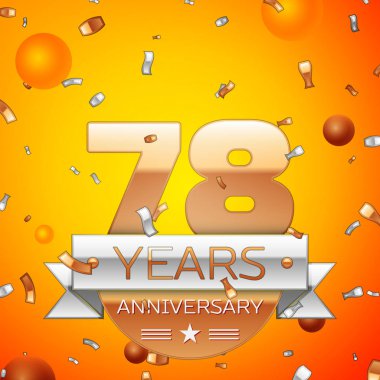 Gerçekçi yetmiş sekiz yıl yıldönümü kutlamaları tasarım afiş. Altın numaraları ve gümüş kurdele, balon, konfeti turuncu zemin üzerine. Doğum günü partin için renkli vektör şablon öğeleri