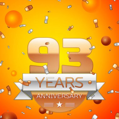 Gerçekçi doksan üç yıl yıldönümü kutlamaları tasarım afiş. Altın numaraları ve gümüş kurdele, balon, konfeti turuncu zemin üzerine. Doğum günü partin için renkli vektör şablon öğeleri