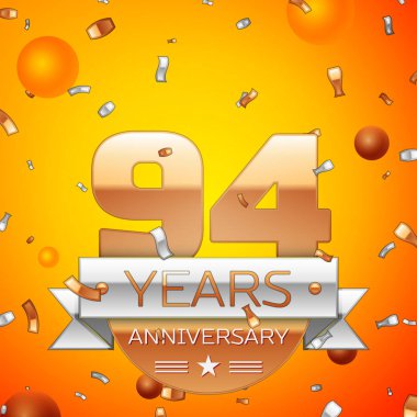 Gerçekçi doksan dört yıl yıldönümü kutlamaları tasarım afiş. Altın numaraları ve gümüş kurdele, balon, konfeti turuncu zemin üzerine. Doğum günü partin için renkli vektör şablon öğeleri